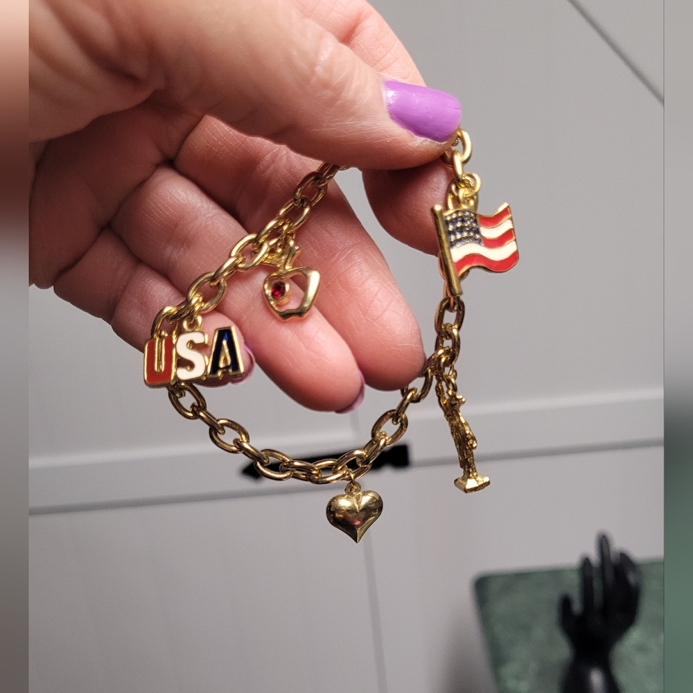 Patriotic Gold Charm Bracelet with USA Flag and Apple